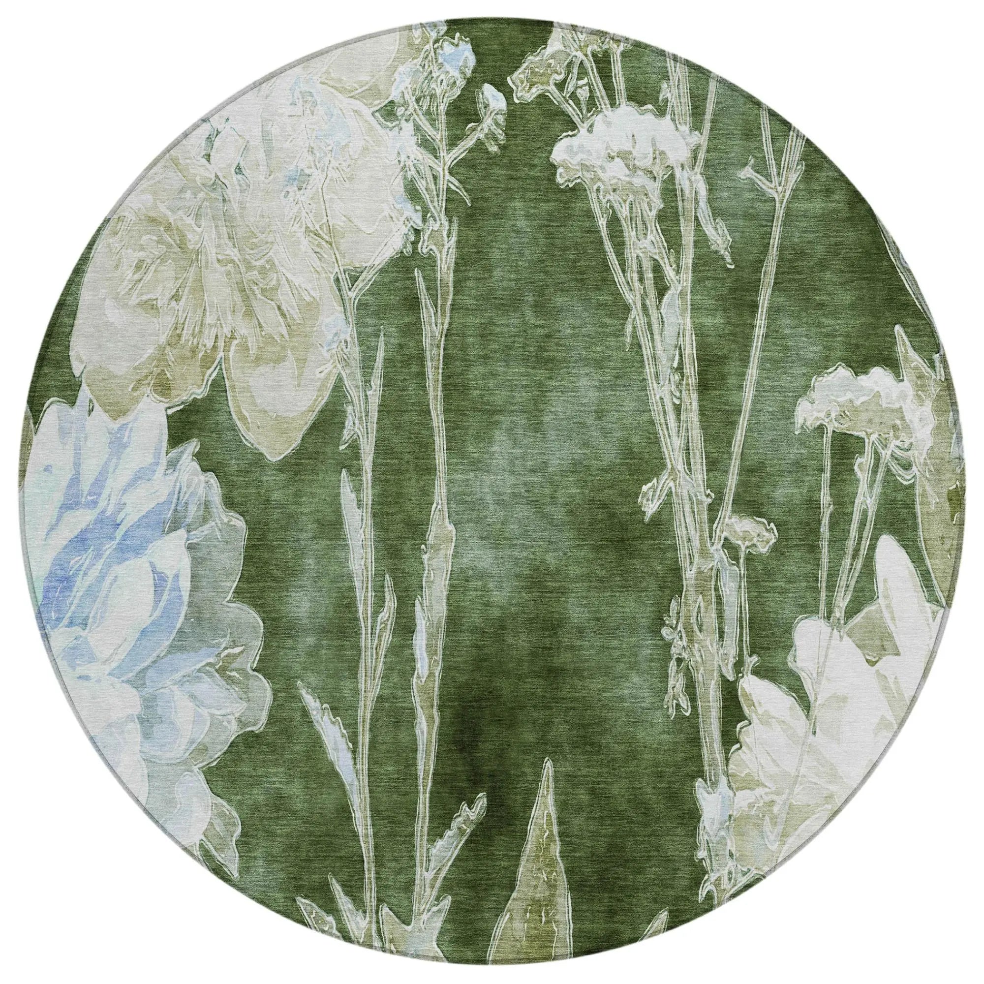 8' Green And Ivory Round Floral Washable Indoor Outdoor Area Rug Homeroots Outdoor