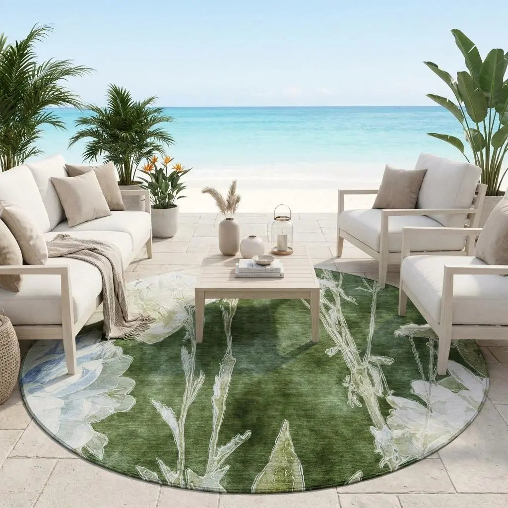 8' Green And Ivory Round Floral Washable Indoor Outdoor Area Rug Homeroots Outdoor