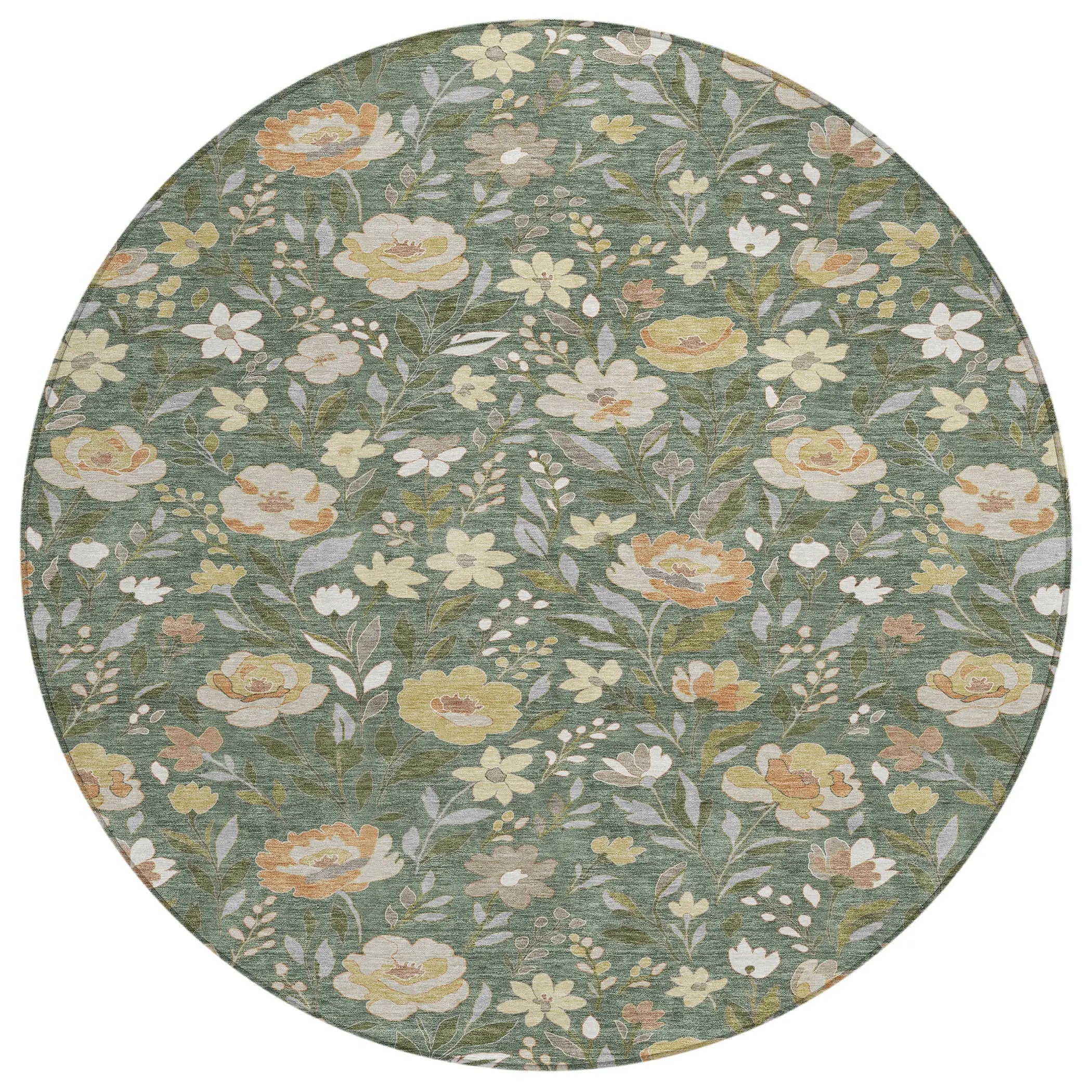 8' Green And Ivory Round Floral Washable Indoor Outdoor Area Rug Homeroots Outdoor