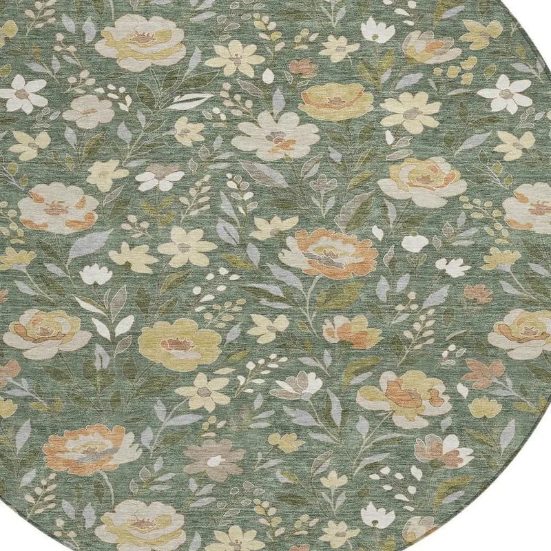 8' Green And Ivory Round Floral Washable Indoor Outdoor Area Rug Homeroots Outdoor