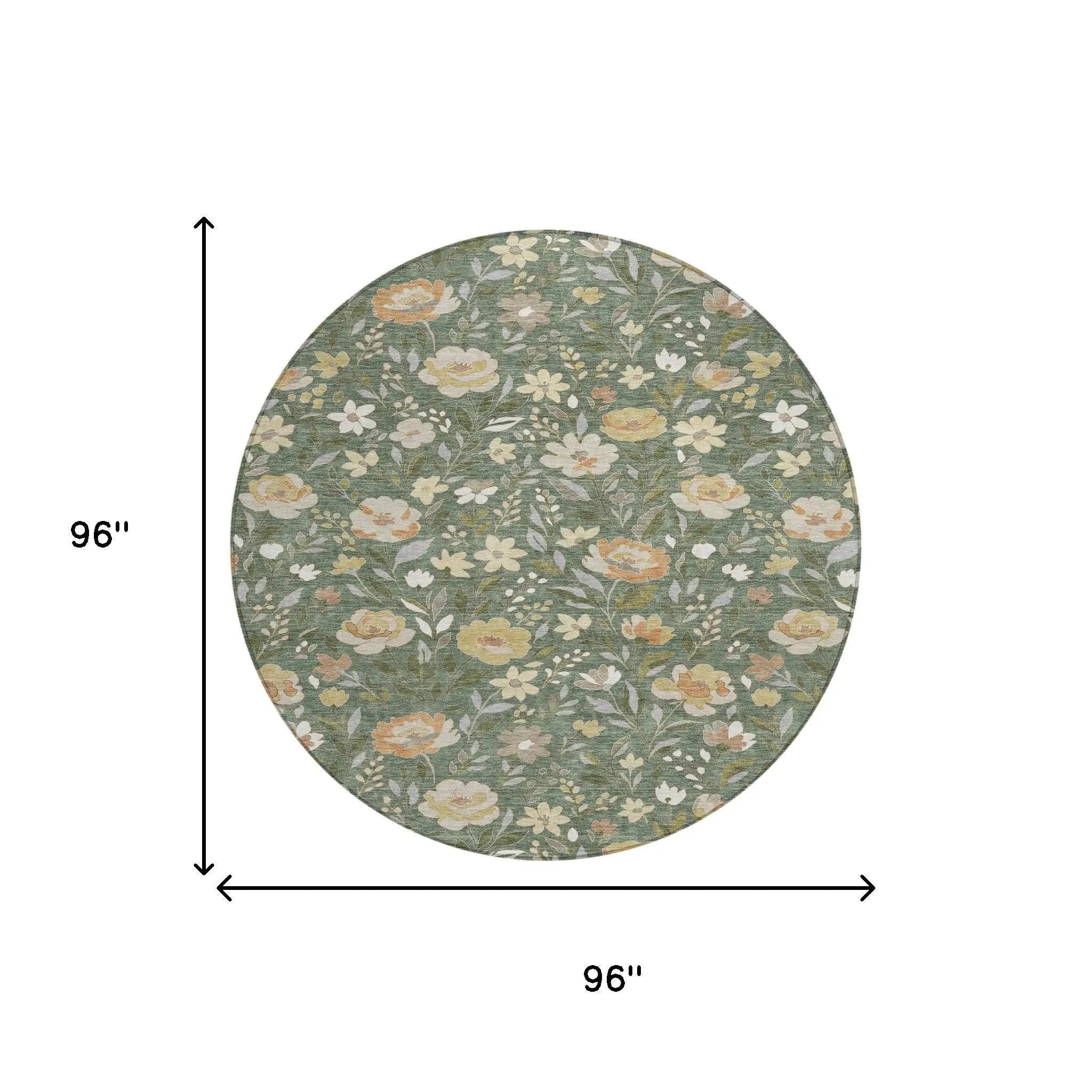 8' Green And Ivory Round Floral Washable Indoor Outdoor Area Rug Homeroots Outdoor