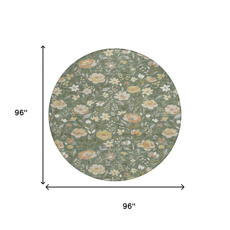 8' Green And Ivory Round Floral Washable Indoor Outdoor Area Rug Homeroots Outdoor