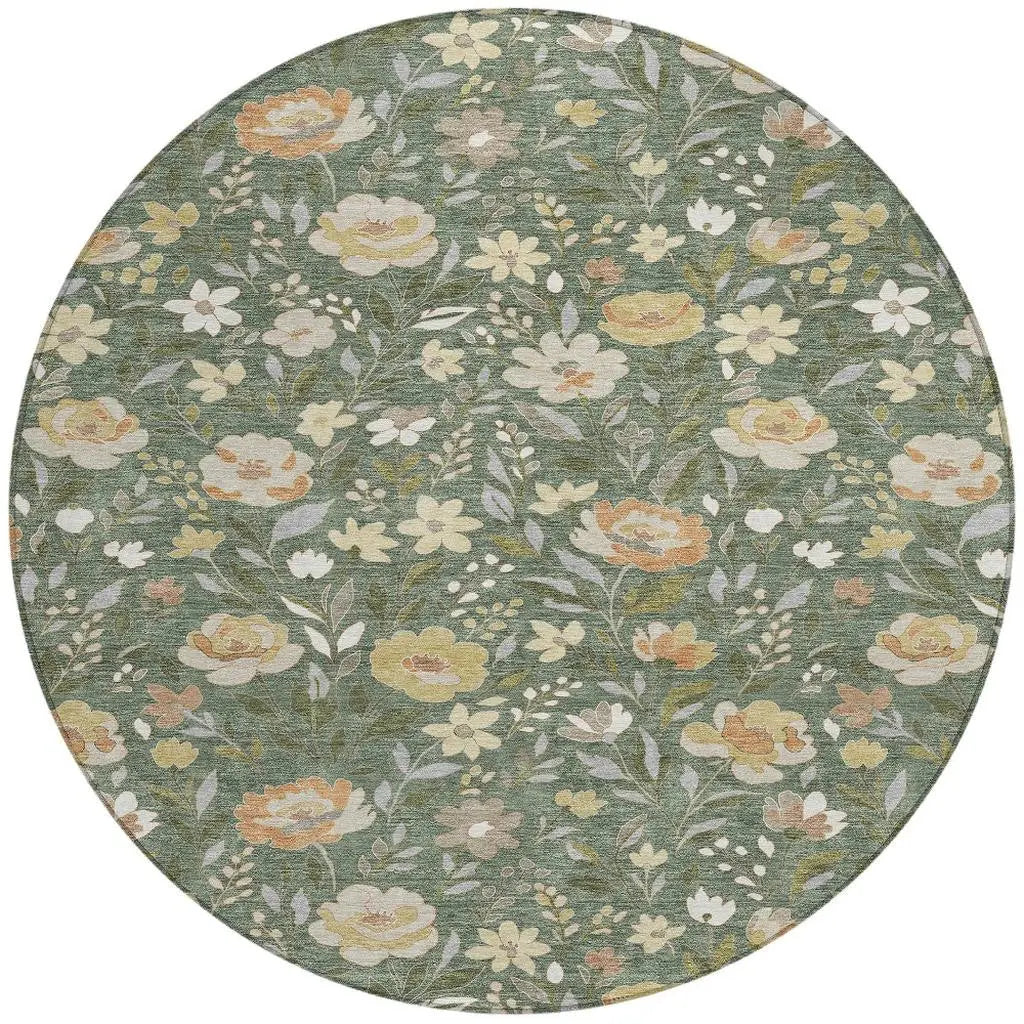 8' Green And Ivory Round Floral Washable Indoor Outdoor Area Rug Homeroots Outdoor