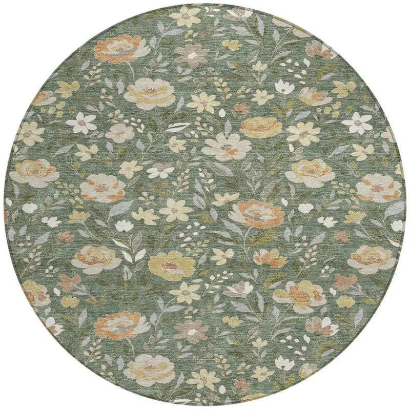 8' Green And Ivory Round Floral Washable Indoor Outdoor Area Rug Homeroots Outdoor