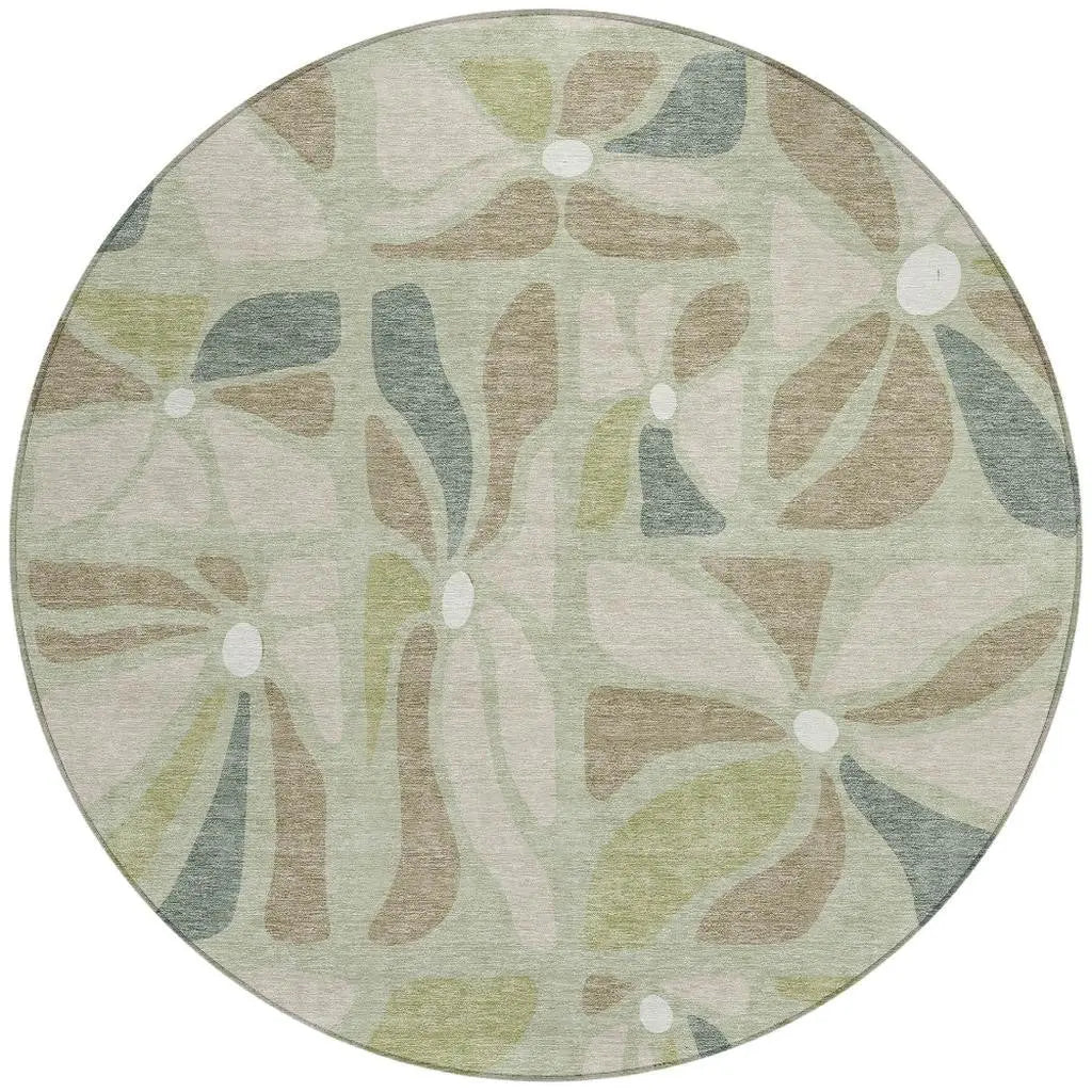 8' Green And Ivory Round Floral Washable Indoor Outdoor Area Rug Homeroots Outdoor