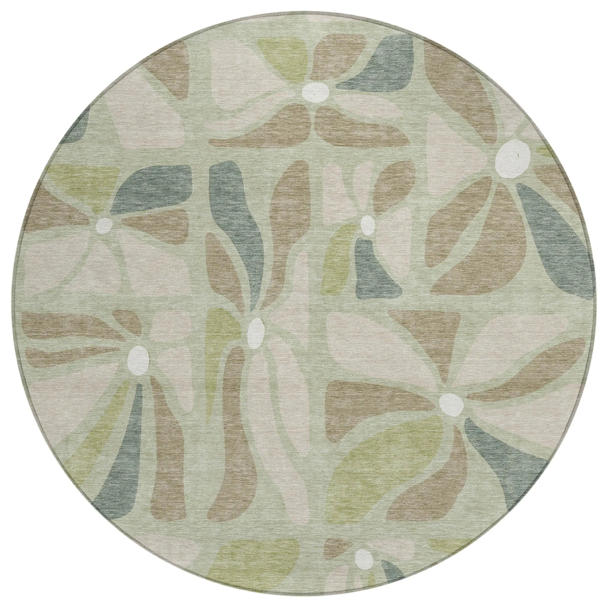 8' Green And Ivory Round Floral Washable Indoor Outdoor Area Rug Homeroots Outdoor