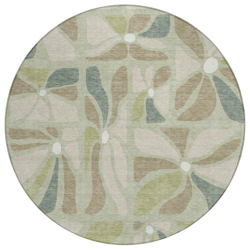 8' Green And Ivory Round Floral Washable Indoor Outdoor Area Rug Homeroots Outdoor