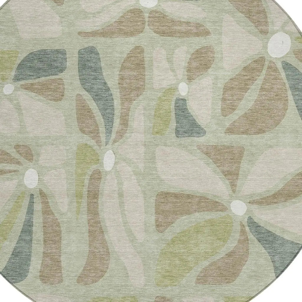 8' Green And Ivory Round Floral Washable Indoor Outdoor Area Rug Homeroots Outdoor