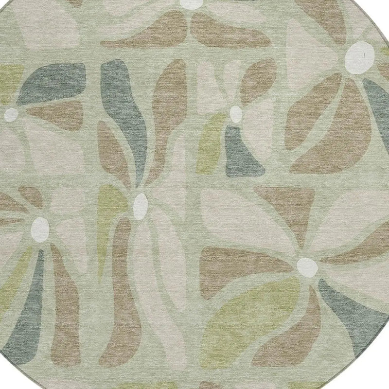 8' Green And Ivory Round Floral Washable Indoor Outdoor Area Rug Homeroots Outdoor