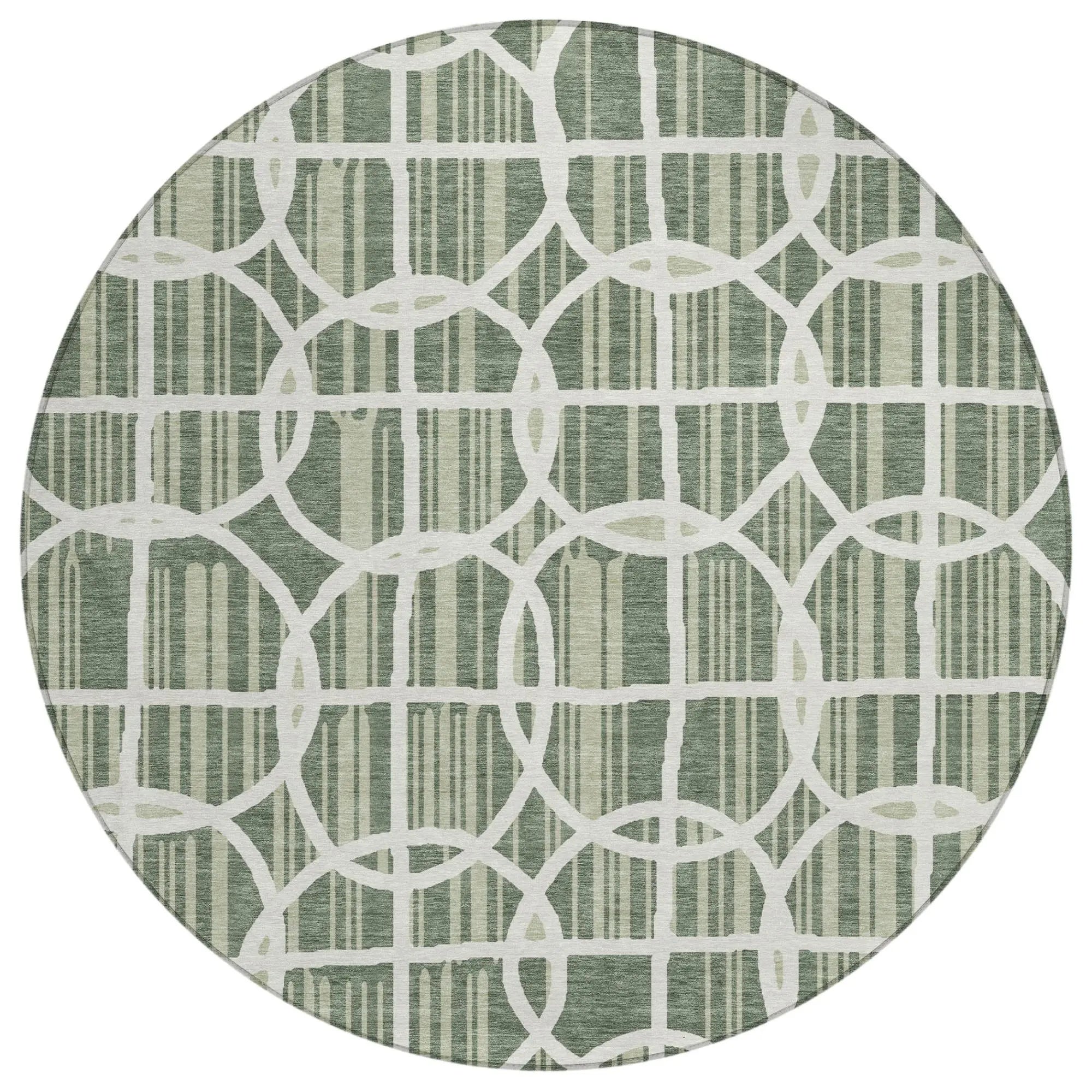 8' Green And Ivory Round Geometric Washable Indoor Outdoor Area Rug Homeroots Outdoor