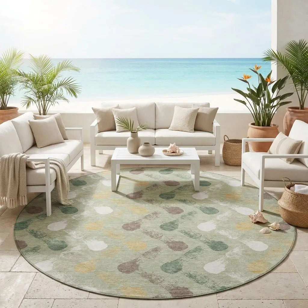 8' Green And Ivory Round Geometric Washable Indoor Outdoor Area Rug Homeroots Outdoor