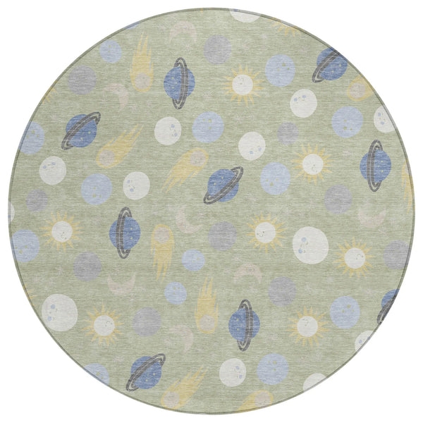 8' Green And Ivory Round Geometric Washable Indoor Outdoor Area Rug Homeroots Outdoor