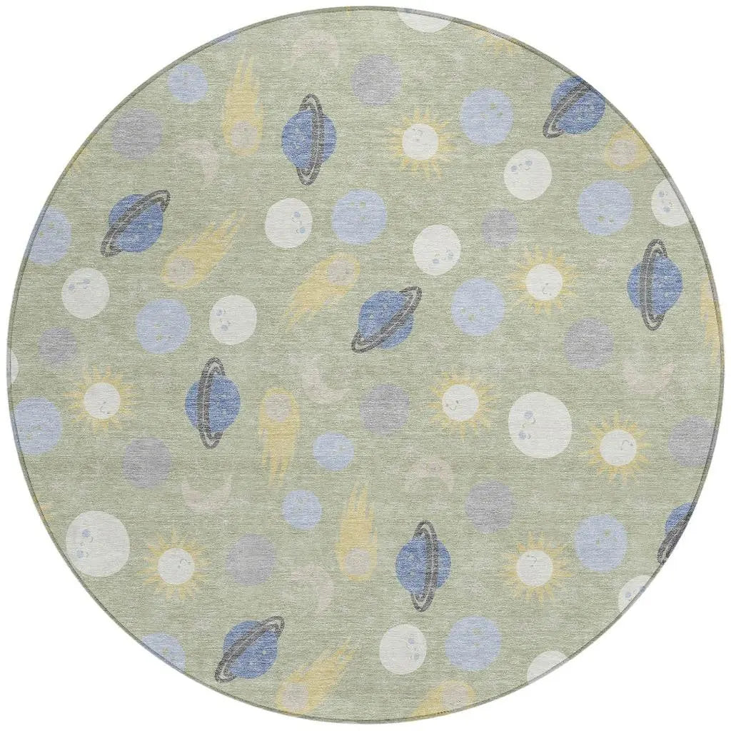 8' Green And Ivory Round Geometric Washable Indoor Outdoor Area Rug Homeroots Outdoor