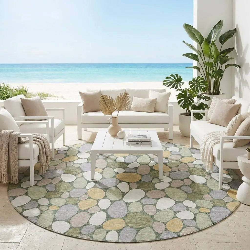 8' Green And Ivory Round Geometric Washable Indoor Outdoor Area Rug Homeroots Outdoor