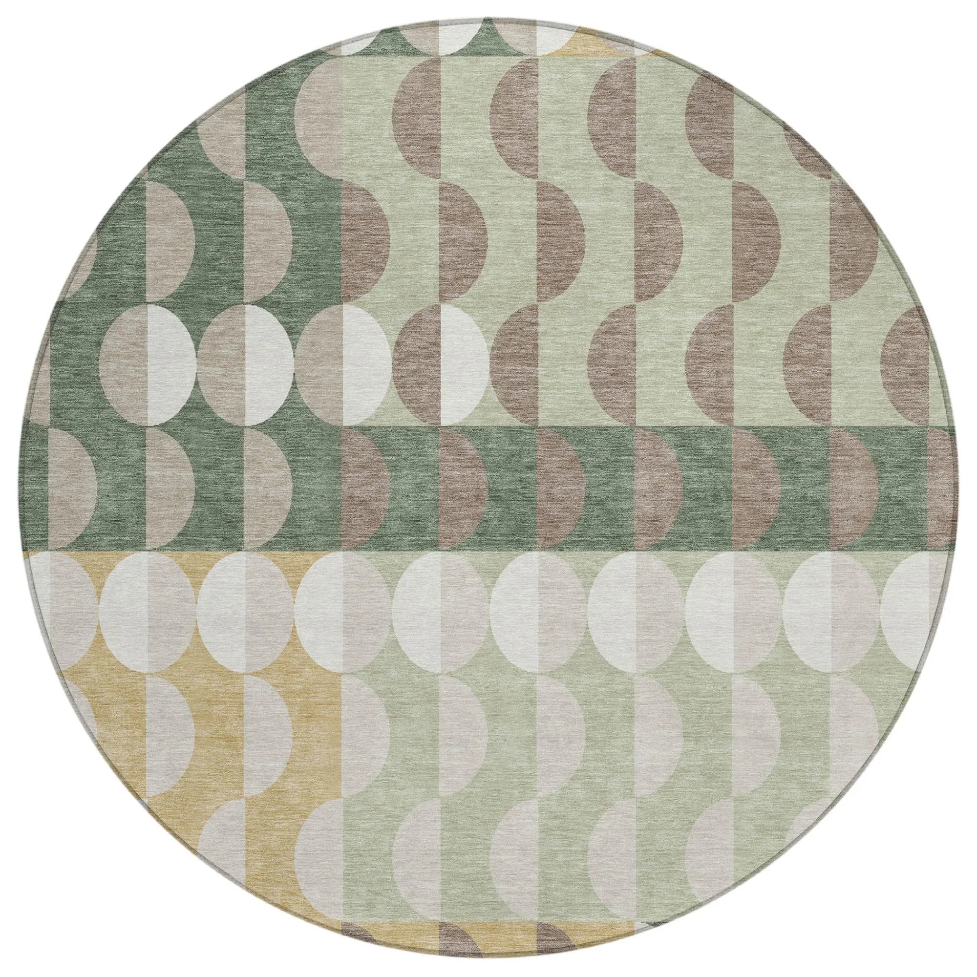 8' Green And Ivory Round Geometric Washable Indoor Outdoor Area Rug Homeroots Outdoor