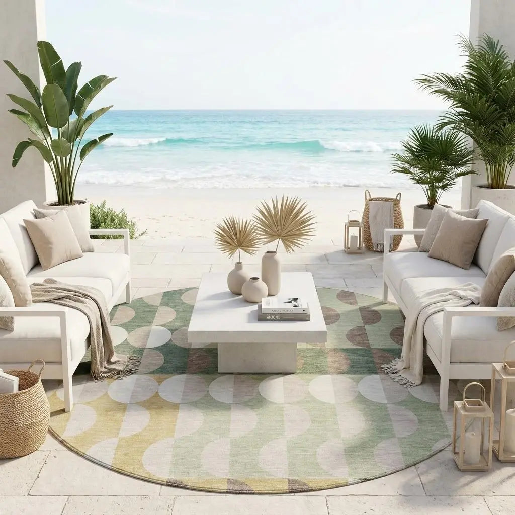 8' Green And Ivory Round Geometric Washable Indoor Outdoor Area Rug Homeroots Outdoor