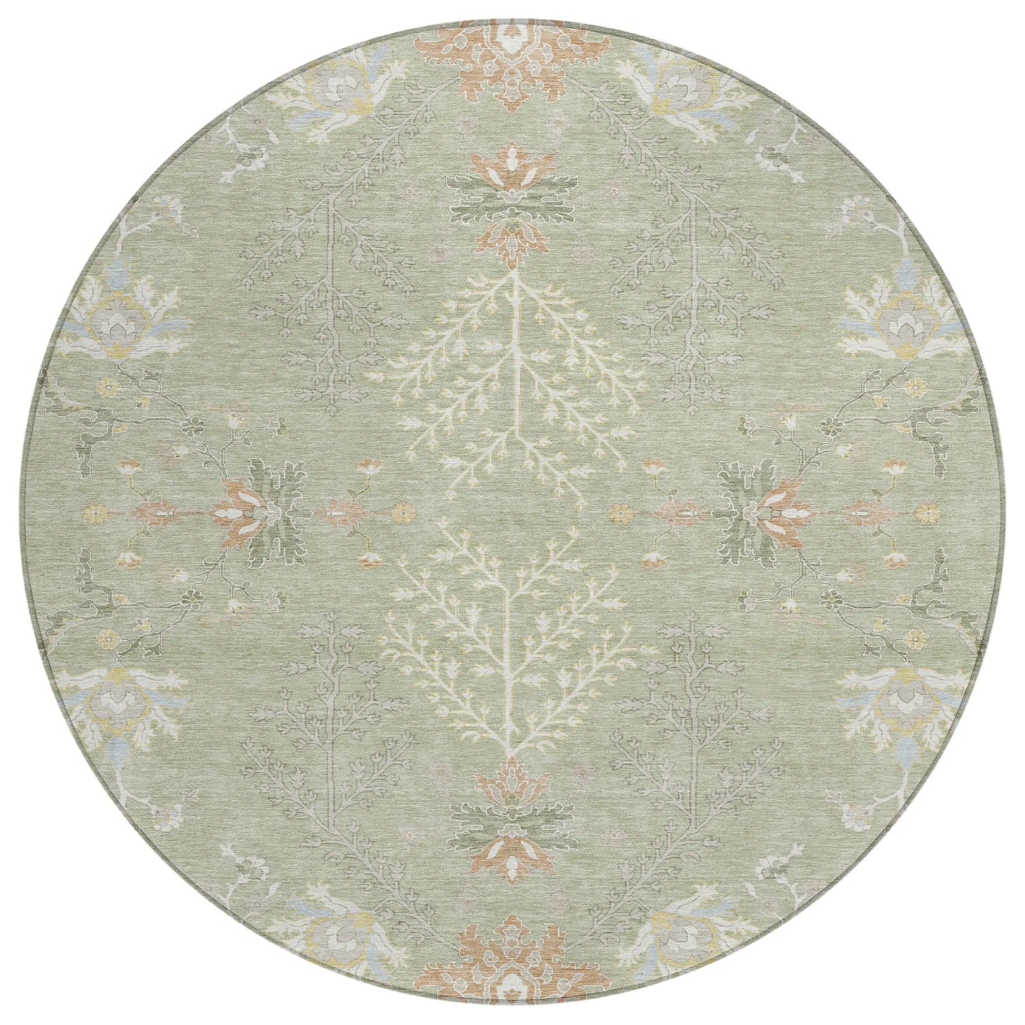 8' Green And Ivory Round Oriental Washable Indoor Outdoor Area Rug Homeroots Outdoor