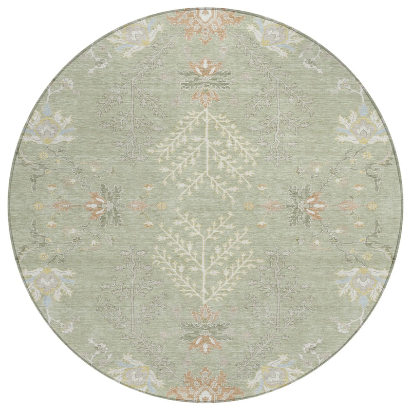8' Green And Ivory Round Oriental Washable Indoor Outdoor Area Rug Homeroots Outdoor