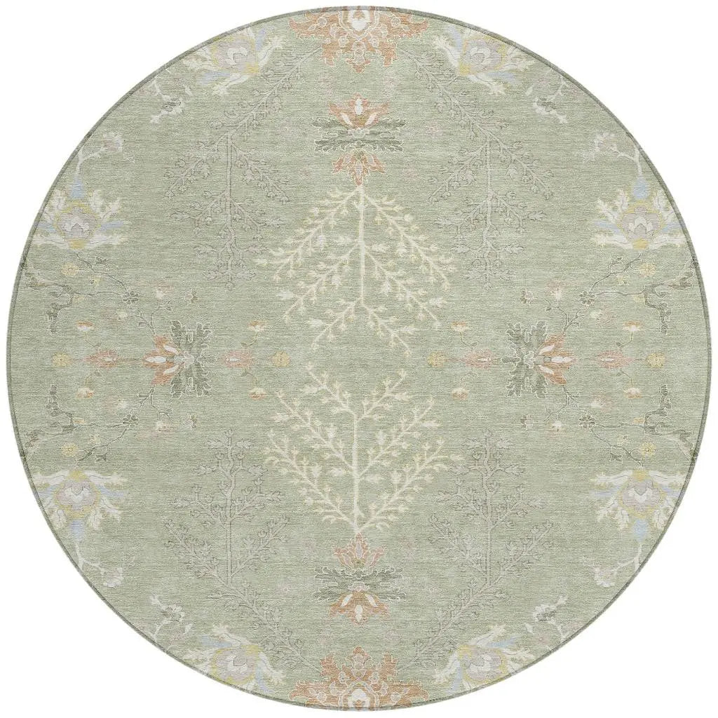 8' Green And Ivory Round Oriental Washable Indoor Outdoor Area Rug Homeroots Outdoor