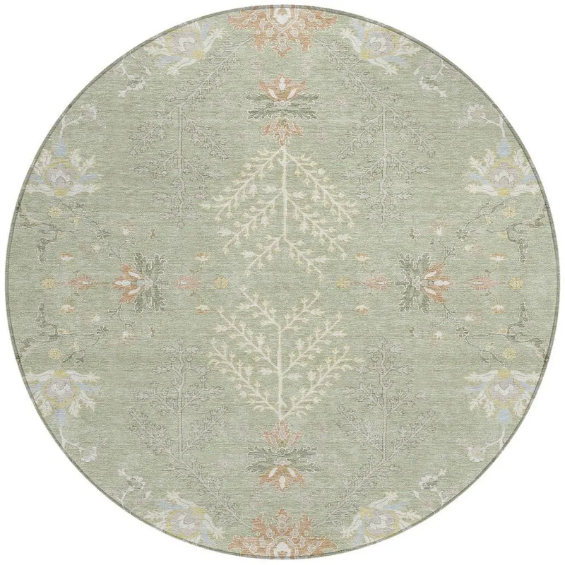 8' Green And Ivory Round Oriental Washable Indoor Outdoor Area Rug Homeroots Outdoor