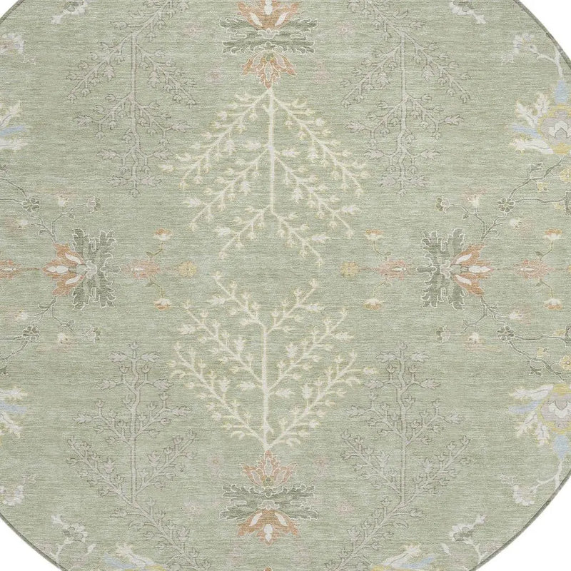 8' Green And Ivory Round Oriental Washable Indoor Outdoor Area Rug Homeroots Outdoor