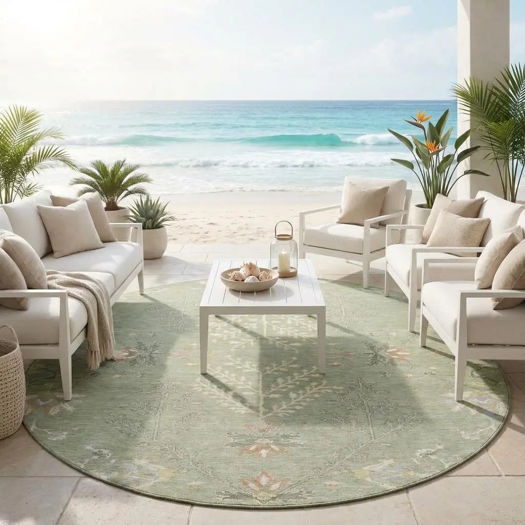 8' Green And Ivory Round Oriental Washable Indoor Outdoor Area Rug Homeroots Outdoor