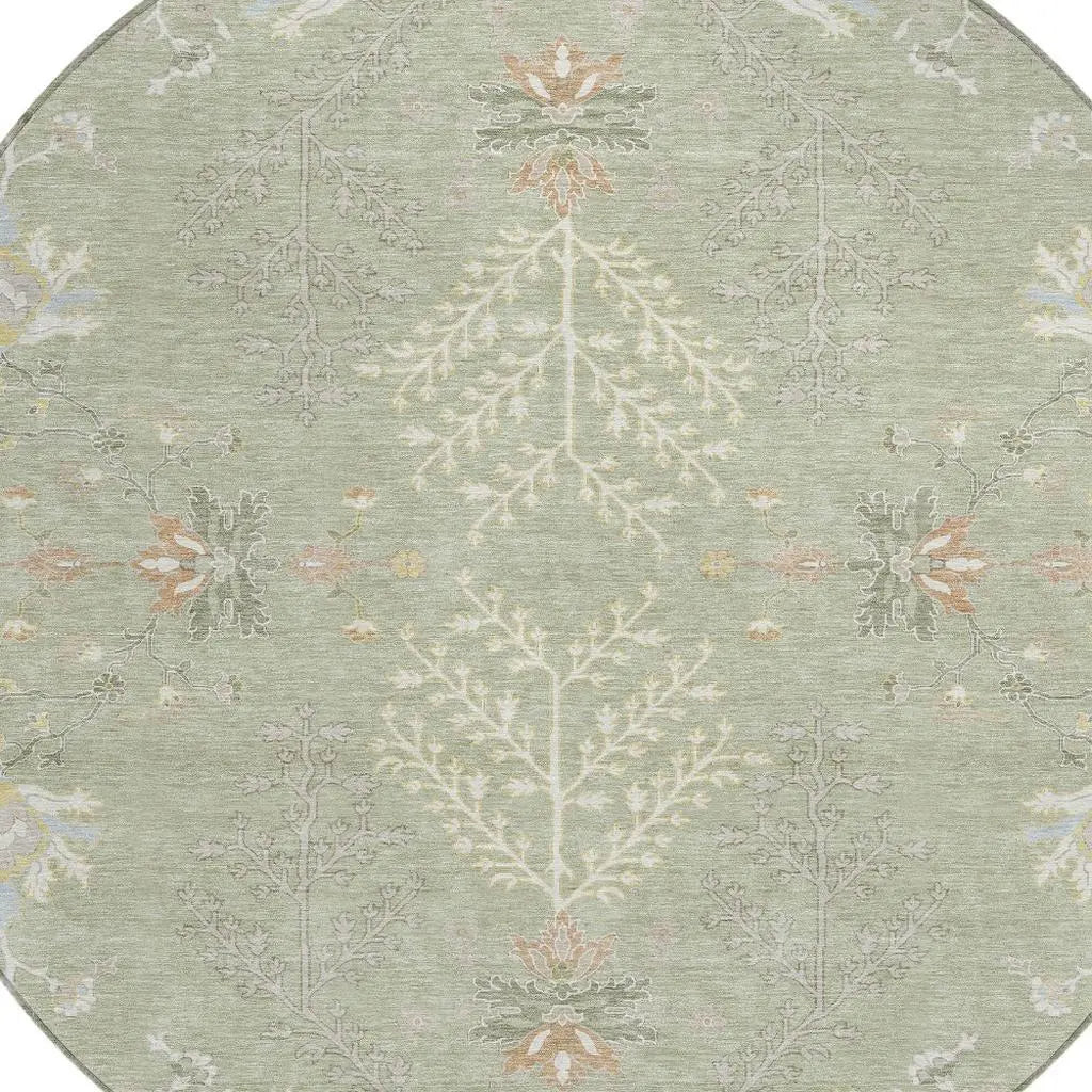 8' Green And Ivory Round Oriental Washable Indoor Outdoor Area Rug Homeroots Outdoor