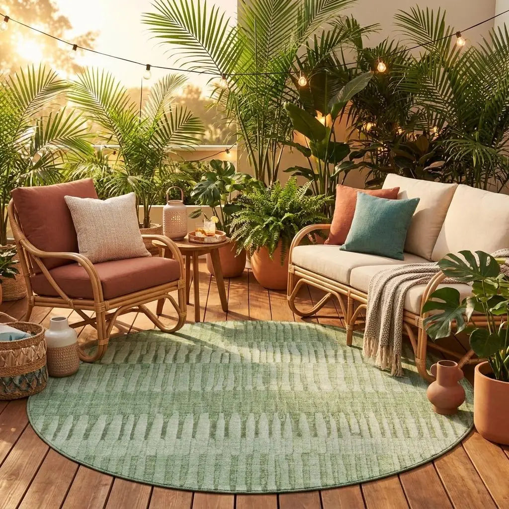 8' Green And Ivory Round Striped Washable Indoor Outdoor Area Rug Homeroots Outdoor