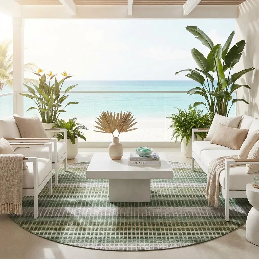 8' Green And Ivory Round Striped Washable Indoor Outdoor Area Rug Homeroots Outdoor