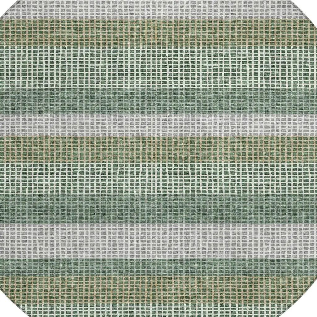 8' Green And Ivory Round Striped Washable Indoor Outdoor Area Rug Homeroots Outdoor