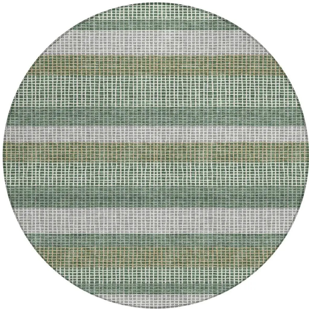 8' Green And Ivory Round Striped Washable Indoor Outdoor Area Rug Homeroots Outdoor