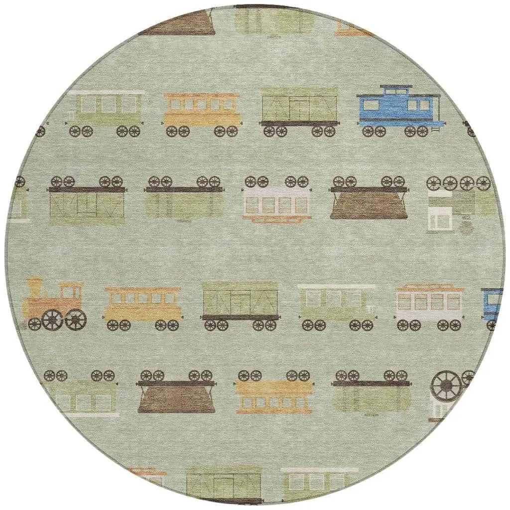 8' Green And Khaki Round Abstract Washable Indoor Outdoor Area Rug Homeroots Outdoor
