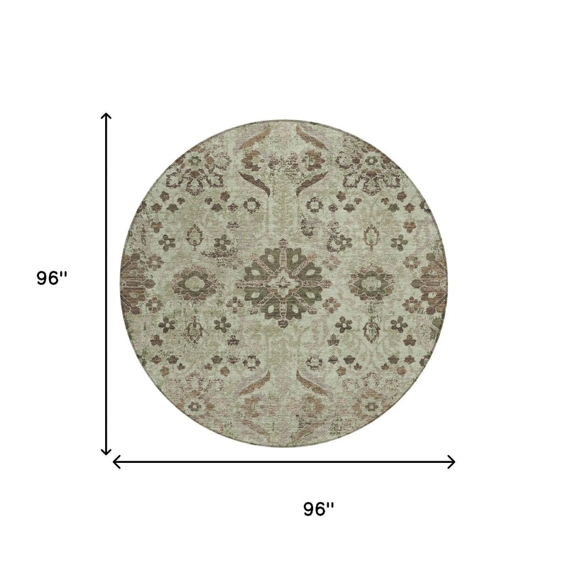 8' Green And Khaki Round Damask Washable Indoor Outdoor Area Rug Homeroots Outdoor
