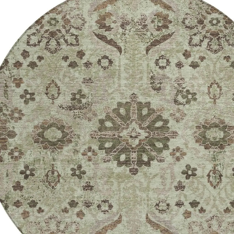 8' Green And Khaki Round Damask Washable Indoor Outdoor Area Rug Homeroots Outdoor