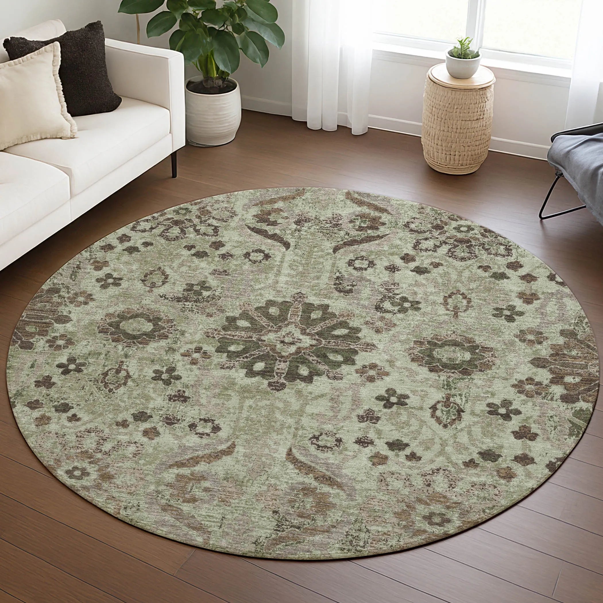 8' Green And Khaki Round Damask Washable Indoor Outdoor Area Rug Homeroots Outdoor