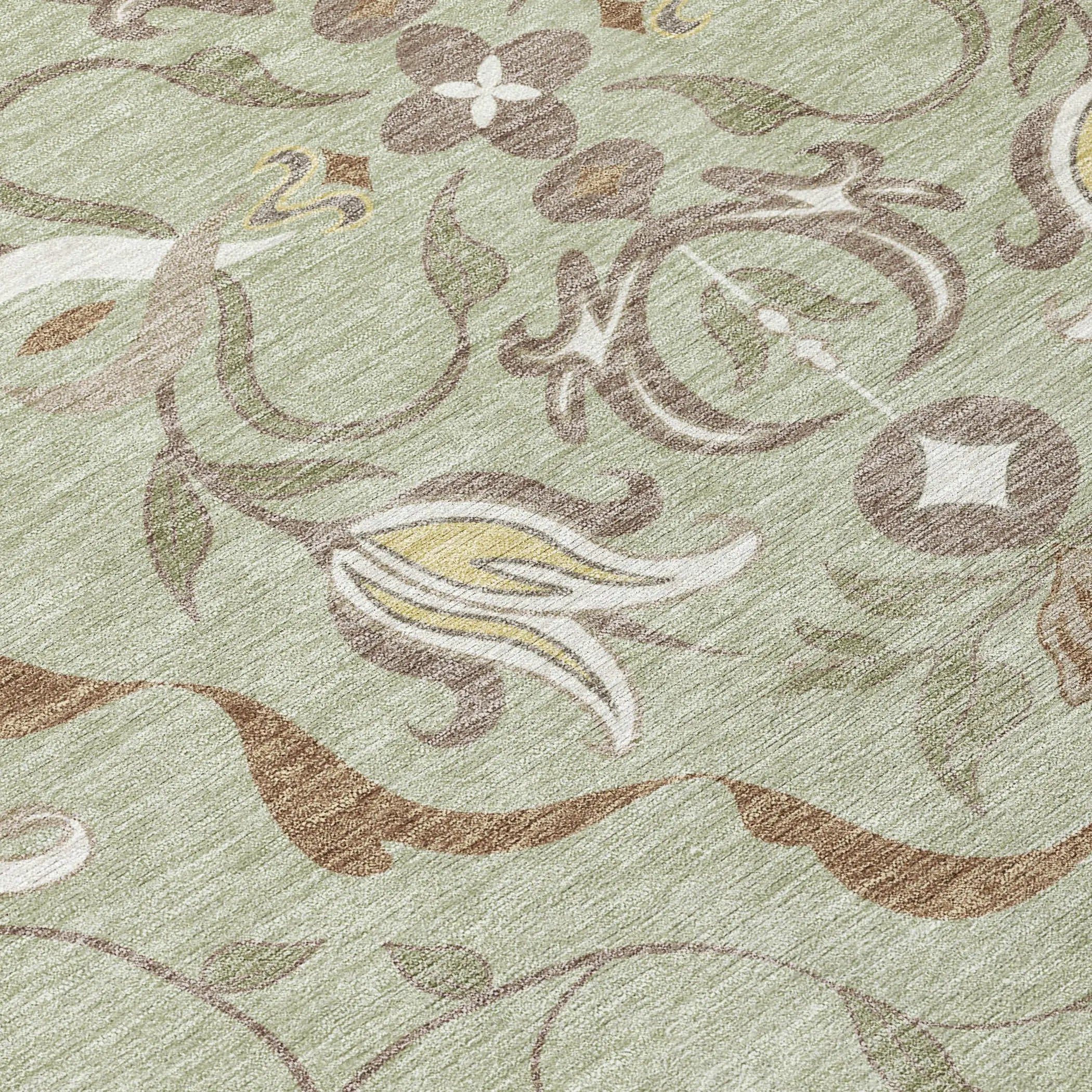 8' Green And Khaki Round Damask Washable Indoor Outdoor Area Rug Homeroots Outdoor
