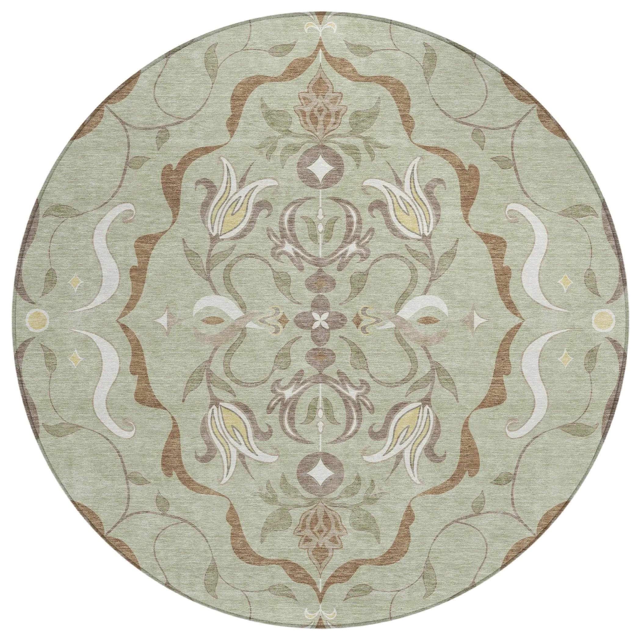 8' Green And Khaki Round Damask Washable Indoor Outdoor Area Rug Homeroots Outdoor