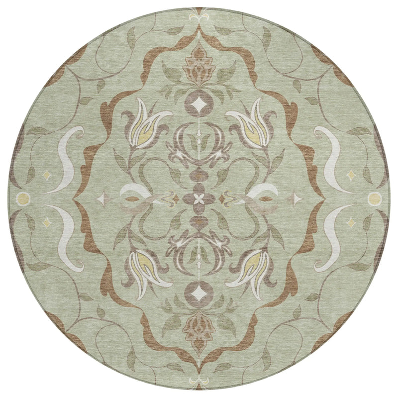 8' Green And Khaki Round Damask Washable Indoor Outdoor Area Rug Homeroots Outdoor