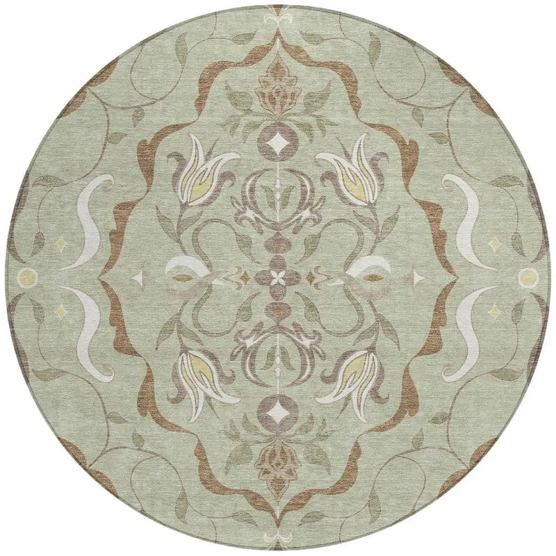 8' Green And Khaki Round Damask Washable Indoor Outdoor Area Rug Homeroots Outdoor
