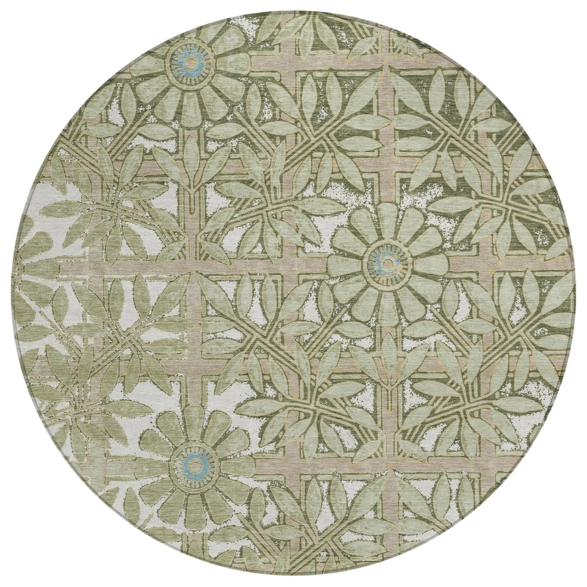 Round green floral area rug with intricate leaf patterns, made from soft, durable fibers. Ideal for stylish home decor.