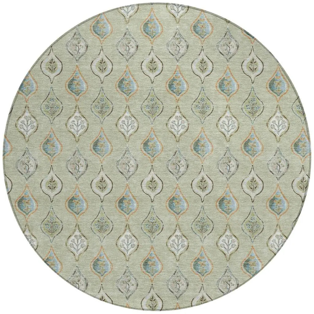 8' Green And Khaki Round Floral Washable Indoor Outdoor Area Rug Homeroots Outdoor