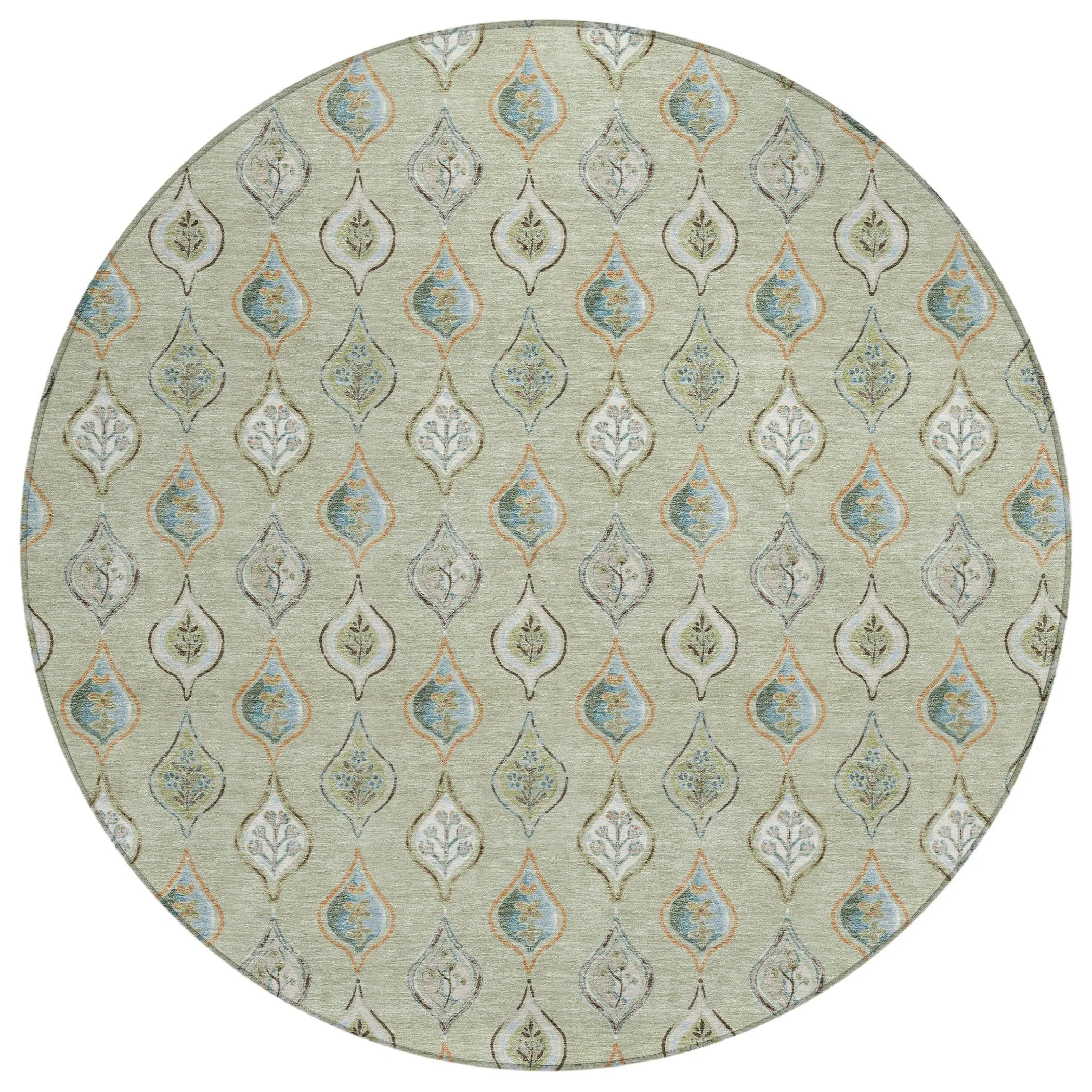8' Green And Khaki Round Floral Washable Indoor Outdoor Area Rug Homeroots Outdoor
