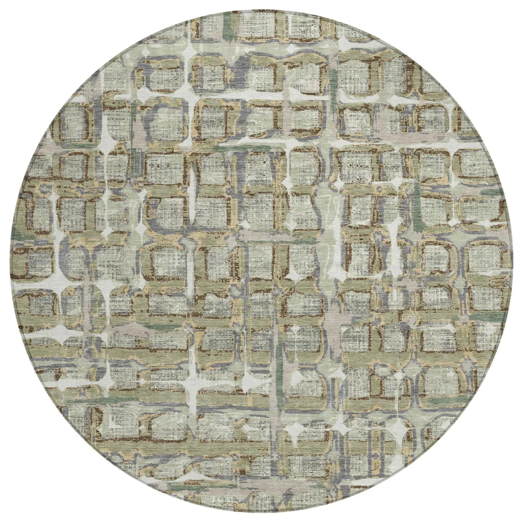 8' Green And Khaki Round Geometric Washable Indoor Outdoor Area Rug Homeroots Outdoor