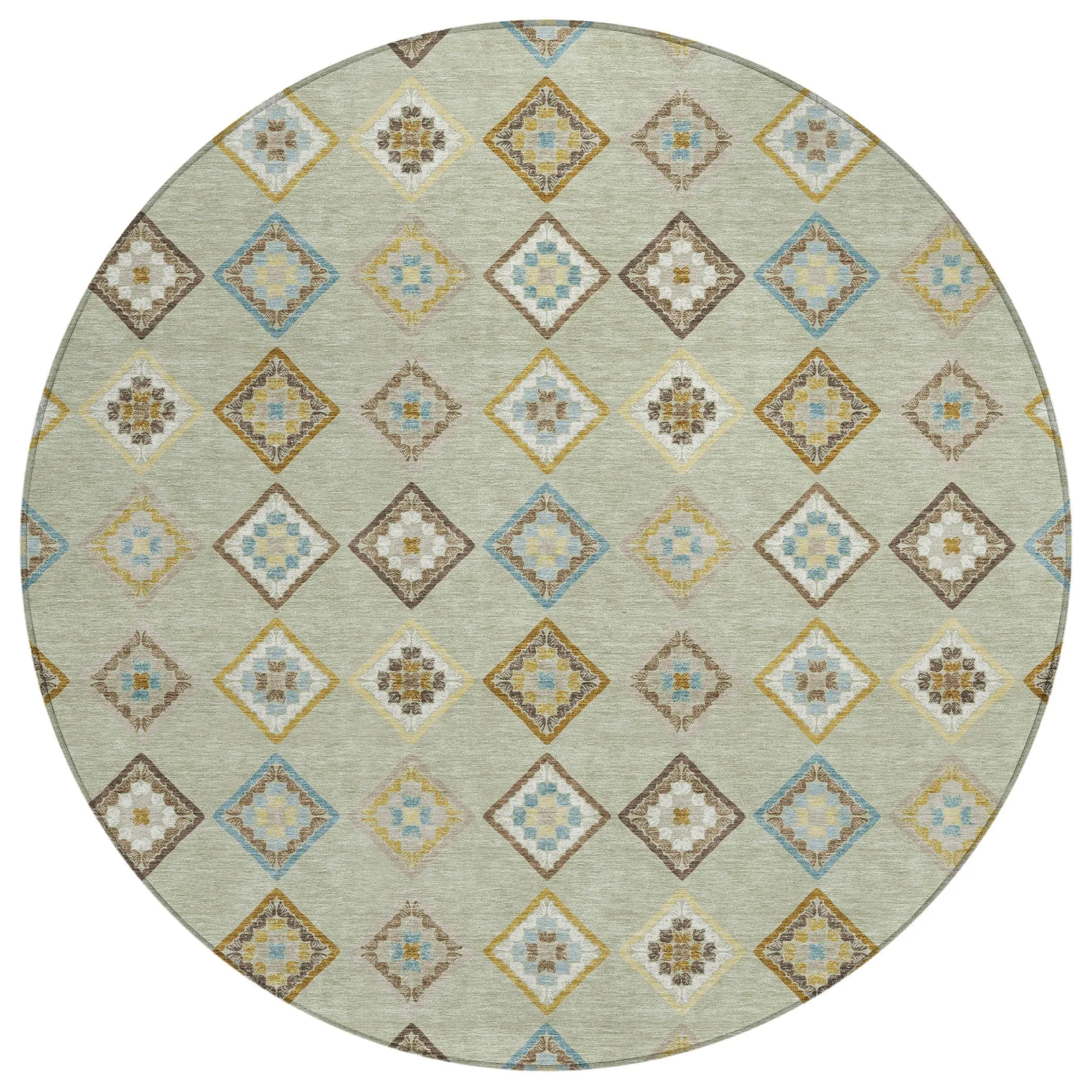 8' Green And Khaki Round Geometric Washable Indoor Outdoor Area Rug Homeroots Outdoor