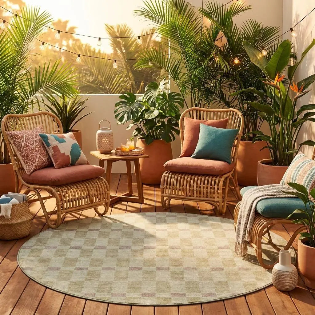 8' Green And Khaki Round Geometric Washable Indoor Outdoor Area Rug Homeroots Outdoor
