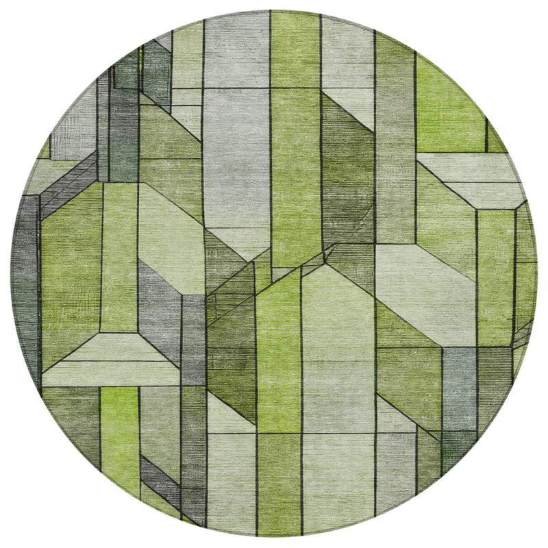 8' Green And Lime Green Round Geometric Washable Indoor Outdoor Area Rug Homeroots Outdoor