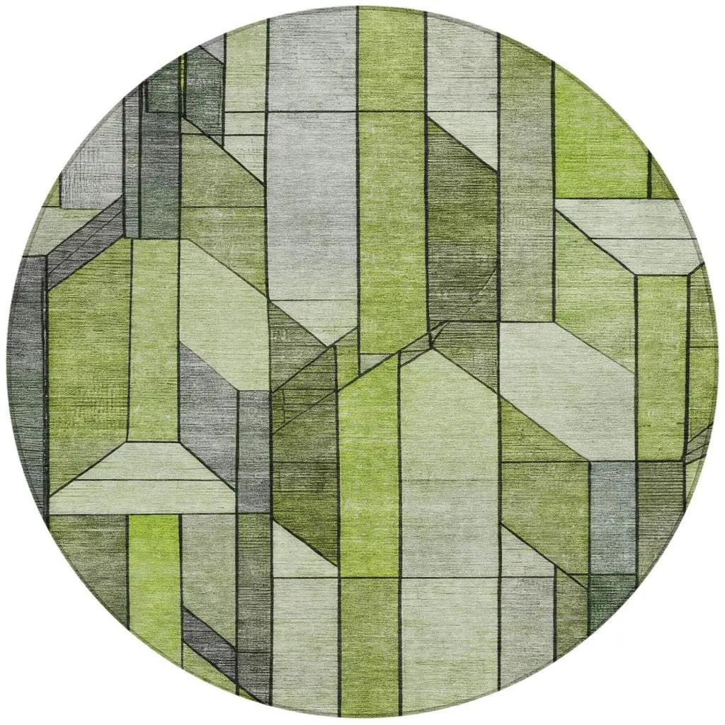 8' Green And Lime Green Round Geometric Washable Indoor Outdoor Area Rug Homeroots Outdoor
