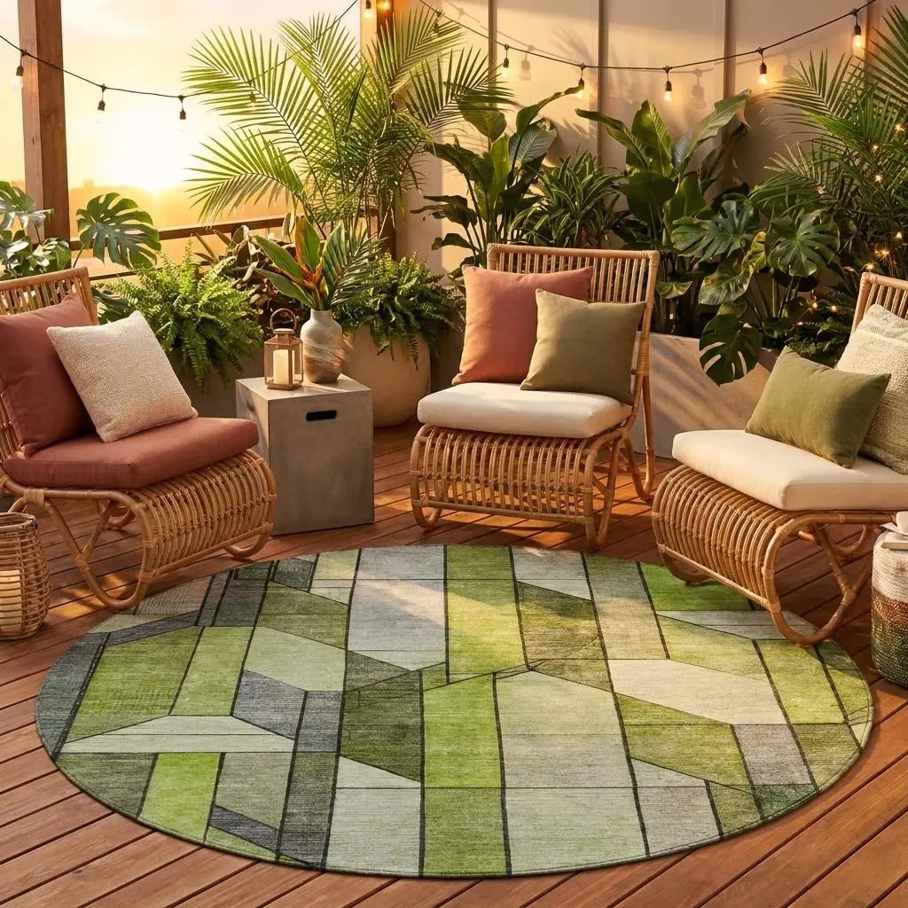 8' Green And Lime Green Round Geometric Washable Indoor Outdoor Area Rug Homeroots Outdoor