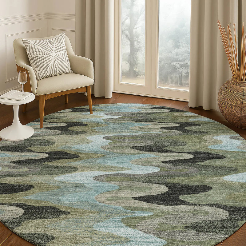8' Green And Olive Green Round Abstract Washable Indoor Outdoor Area Rug Homeroots Outdoor