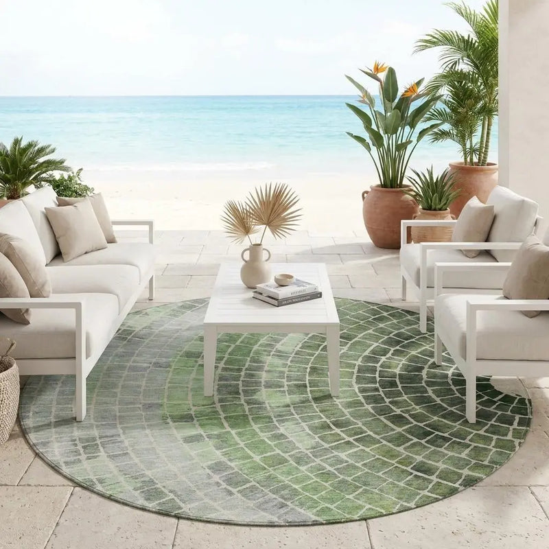 8' Green And Olive Green Round Geometric Washable Indoor Outdoor Area Rug Homeroots Outdoor